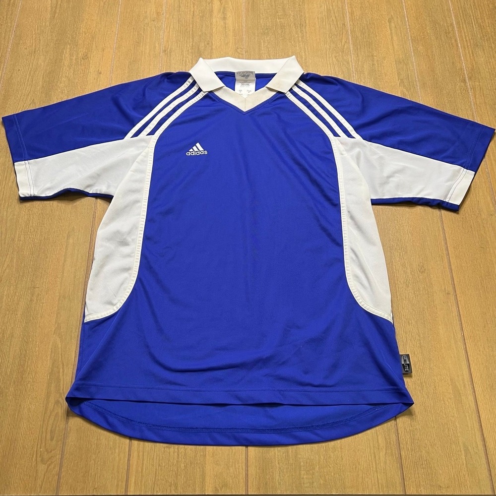 Adidas Soccer Jersey‎ Mens Medium Blue Climalite Vintage Short Sleeve Polo Shirt
